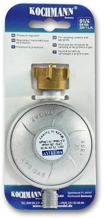 Kochmann Propan-Gas-Grill-Druckminderer-Regler G1/4 29 mbar für Gaskocher, Campingkocher und Gasgrills ohne Gewinde
