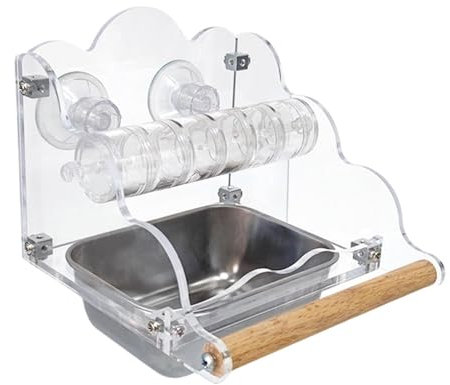 Perch Feeder, Bird Bowl, Bird Cage Feeder, Feeders for Bird Cage, Small Birds Supplies, Splash Proof Clear Parakeet Food Bowl with Perch, Acrylic, Metal, 17x16x13.5 Cm for Small Birds