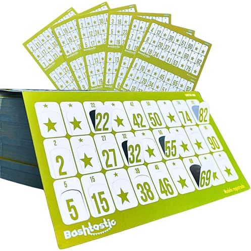 Bashtastic 504 Cartones Bingo Troquelados - Cartones Bingo para Bingo Juego de Mesa Adulto, Bingo Cartones 90 Bolas, Reutilizables y Distintos Entre sí (Amarillo, 504 Cartones)