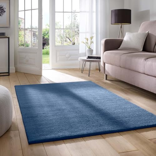Taracarpet Waschbarer Flauschiger Uni Kurzflor Teppich, Anti-Rutsch, Felloptik, Super Soft dunkel blau 140x200 cm
