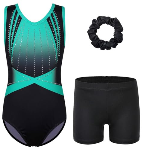ZNYUNE Mädchen Turnanzug mit Hose Haarband Set Gymnastikanzug Kinder Shorts Trikot Turnen Ärmellos/Langarm Kleidung klassisch Turnbody B379 Blackgreen 10A