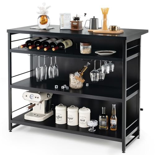 GYMAX Mobile Bar Industriale per Casa, Isola da Cucina a 4 Livelli con Ripiani, Portabottiglie, Porta Calici, con Poggiapiedi Lungo, Perfetto per Angolo Bar di Casa, Bar, Ristorante (Nero)