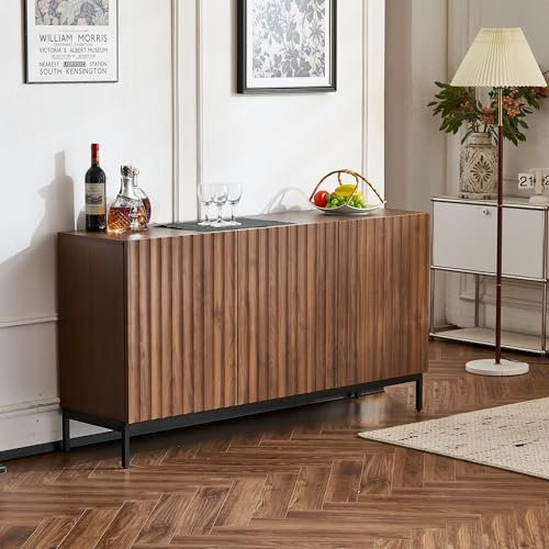 Sideboard, Mid-Century Modern Dekoschrank, 3 Türen, welliges 3D-Design, verstellbare Einlegeböden, Kippsicherung-stilvolle Aufbewahrung für Wohnzimmer, Esszimmer,Bür,150x40x80cm (Dunkelbraun- A)