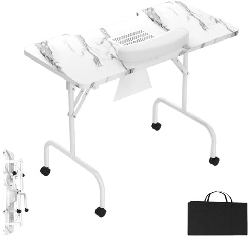 Froadp 90 x 40 x 72 cm Maniküretisch mit Absaugung Klappbarer Nageltisch Beweglich Studiotisch mit Rollen Handkissen Schublade und Aufbewahrungstasche Maniküre Tisch für Nagelstudio, Weiße Maserung