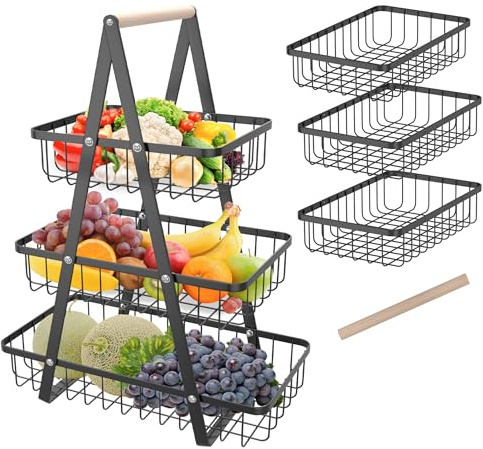 FIVMEN Obstkorb Obstetagere 3 Etagen Schwarz mit Holzgriff und Hohlkorb Metall Abnehmbare Obstschale Brotkorb Obstaufbewahrung für Obst Gemüse Snacks