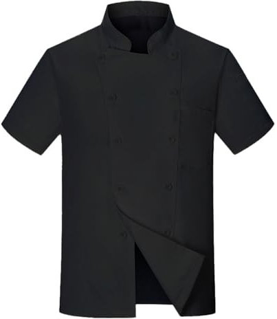 Generisch Veste de cuisine unisexe à manches courtes - Uniforme d'hôtel professionnel avec boutons - Couleur unie - Haut pour homme et femme - Blanc/noir, Noir , XL