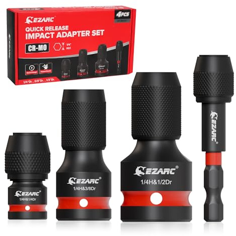 EZARC Juego de 4 adaptadores de llave de impacto con forro de cambio rápido, 1/2+3/8+1/4 pulgadas a 1/4 pulgadas de acero hexagonal Cr-Mo, adaptador de puntas para herramientas de impacto + varilla de
