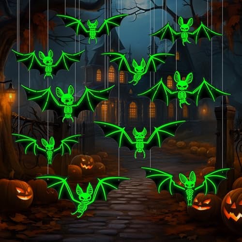 Cadimus Halloween Fledermaus Deko,10 Stück Halloween Leuchtender Fledermaus,Wasserdichtes PVC Fledermäuse,Halloween deko Outdoor,Halloween hängende Fledermaus für Garten, Wand, Fenster, Flur