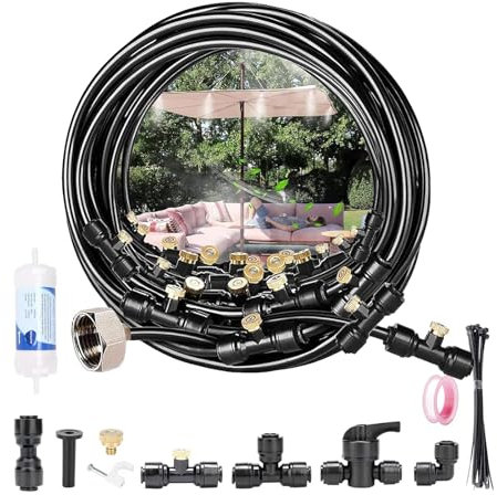 Brumizador de terraza, kit nebulizador terraza exterior 8-18m, con 18 boquillas de latón y adaptador de 3/4, manguera nebulizadora para jardín, terraza, invernadero y parque acuático (8 metros)