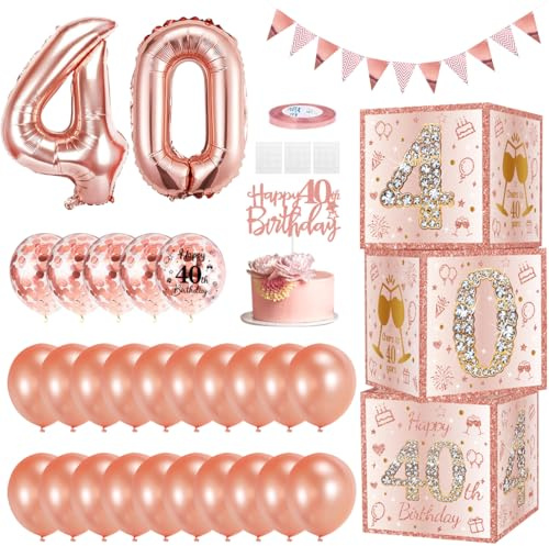 40. Geburtstag Frauen Dekoration Boxen, Luftballons Geburtstag Dekoration Set, Luftballons Rosegold Set mit Roségold Konfetti Ballons, Folienballon Größe 40, Tortenaufsatz