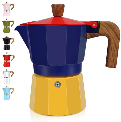 3 Cup Aluminum Espresso Stovetop Moka Pot Express Coffee Maker Percolator Italian Classic Mocha Coffee Machine for Italian and Cuban Cafe Brewing for Home & Camping 150ml 5oz (Blue/Yellow, 3 Cup)