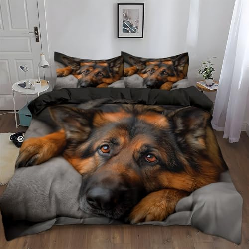 Tierportrait Hund Schäferhund Bettwäsche 3 teilig - Blau Weich & Bügelfrei Bettbezüge Mit Reißverschluss - Bettbezug Set Mit Kissenbezüge Für Jungen Jugendlicher Bettdeckenbezug Single (135x200cm)