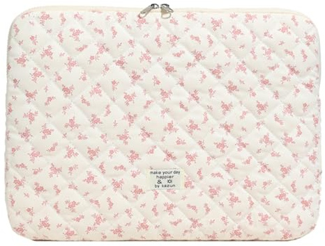 Floral Quilted Puffy Laptop Sleeve 11/13/15 Cute Aesthetic Notebook Cover, Shockproof Soft Case with Elastic Strap - Laptop Bag Storage (Pink Large 15 inch)