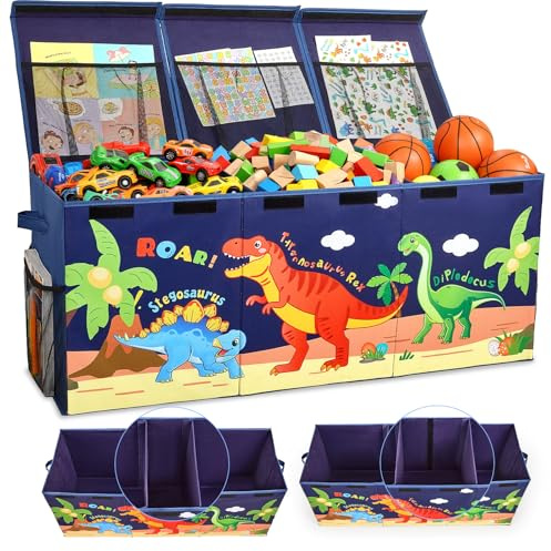 Unicorn Castle Toy Box with Adjustable Divider Toy Chest Storage Large Toy Storage Organizer Bin Collapsible with Lid Pockets for Nursery Playroom,Dark Blue Dinosaur