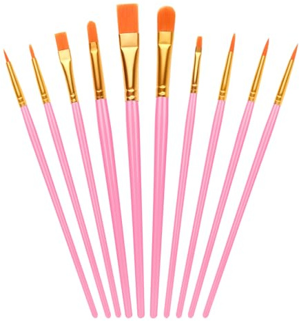 10-Piece Nylon Hair Paint Brush Set, Art Flat Brushes for Face Nail Art, Kids Painting with Watercolor Oil Acrylic, Decorations Models Figurines - Pink