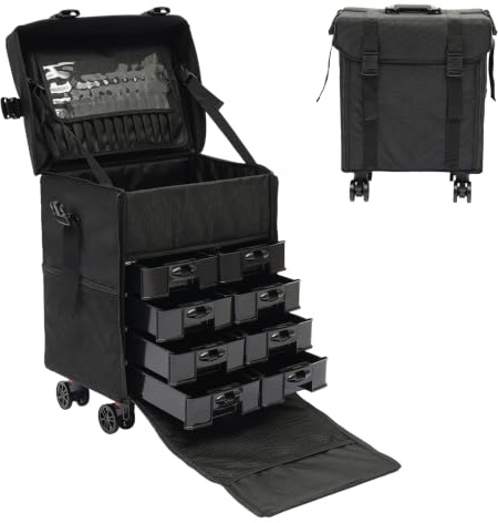 Goddlgjik Trolley 2 in 1 per cosmetici con 8 cassetti estraibili e ruote girevoli a 360°, borsa per estetisti, 38 x 29 x 42 cm, per truccatori per matrimoni, nail artist