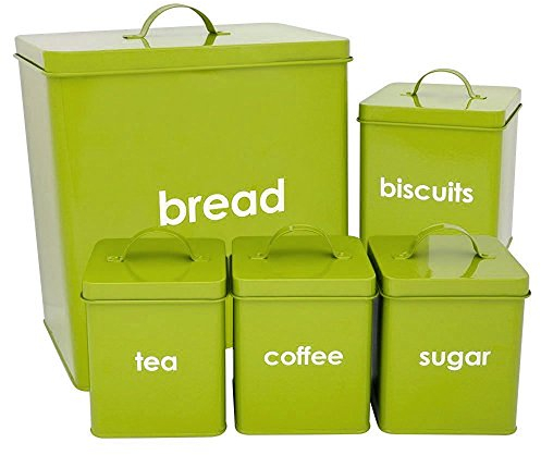Denny International® 5 Piece Kitchen Storage Includes Bread Bin Biscuit Tea Coffee Sugar Caddy Tins Containers Canister Storage Jars Pots Set (Lime)