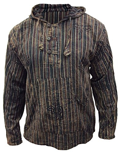 SHOPOHOLIC FASHION Hombre Deslavado Rayas Capucha Hippy Camisa de Abuelo - Marrón, L