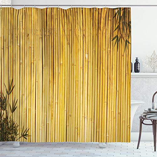 ABAKUHAUS Bambou Rideau de Douche, Nature du Bois Feuilles Potence, Tissu Ensemble de Décor de Salle de Bain avec Crochets, 175 cm x 200 cm, Jaune
