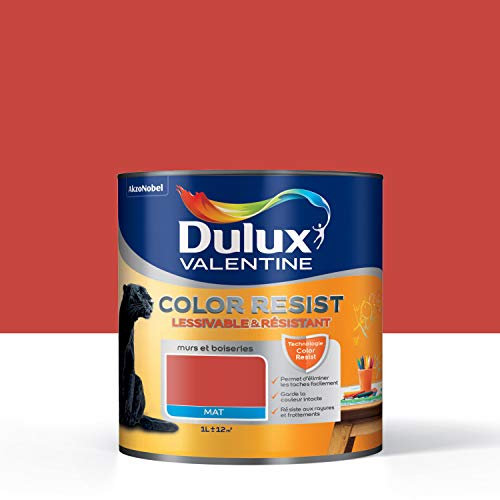Peinture Color Resist Dulux Valentine - Lessivable et resistante pour Murs & Boiseries - aspect Mat Rouge Feu 1 L - Dulux Valentine