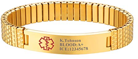 PROSTEEL Armband für Männer Frauen personalisiert 18k vergoldet Name Texte Gravur Medical Alert ID SOS Notfall Armreif 21cm 12mm Manschette Armband für Geburtstag(gold)