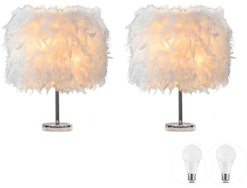 LIUNIAN 2er Pack Feder Nachttischlampe Nachttischlampenschirm Moderne Mode Federtisch Licht Schreibtisch Lampenschirm mit 3W Glühbirne für Wohnzimmer, Schlafzimmer, Bar, Restaurant, Inneneinrichtung