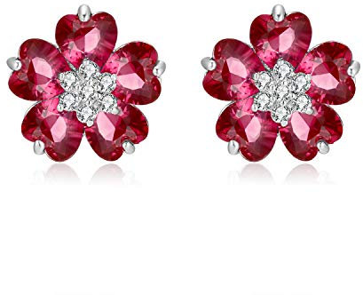 KRUCKEL Pendientes Mujer Plata - Flor con Cristales de Zirconia Roja y Transparente - Hipoalergénicos