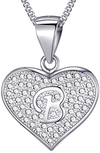 MASADA 925 Silber Herz Buchstaben-Halskette - Initialen-Anhänger mit Zirkonia-Steinen - Buchstabe B - 46 cm Kette mit Samtbeutel