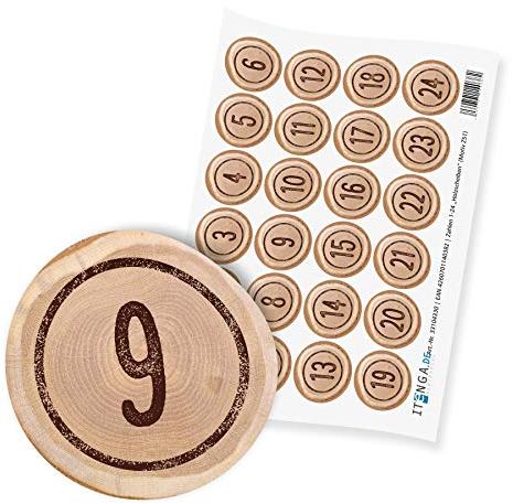 itenga 24x Adventskalenderzahlen I Sticker Aufkleber Klein I Holzscheiben Braun I 2,0 cm I ideal zum Basteln von Adventskalendern oder Geschenken I Ziffern von 1 bis 24