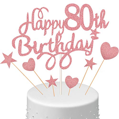 Boao 80th Cake Toppers for Ladies Women, Happy Birthday Cake Topper with Star Heart Topper 80th Decorations for Birthday Party Supplies, Rose Gold