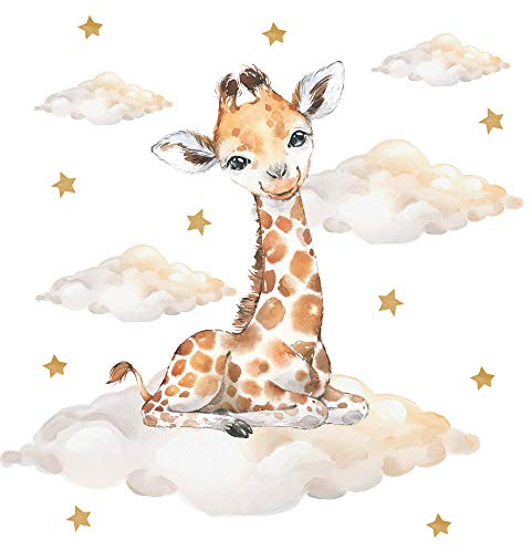 Pandawal Kinderzimmer Deko Wandtattoo Giraffe mit Wolken Sterne Junge Mädchen Wandsticker Baby Safari Tiere Wandaufkleber (L, Giraffe)