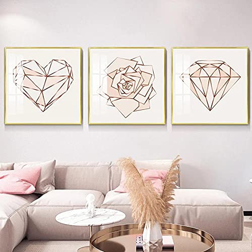 Rose Gold Wall Art Canvas Painting Girls Bedroom Poster Pink Geometric Heart Pictures Abstract Flower Modern Home Decor Prints Unframed-40x40cmx3
