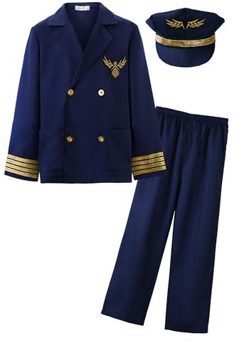 ReliBeauty Pilot Kostüm Kinder Flieger Aviator 3-14 Jahre mit Pilotenmütze Kapitän Fasching,130