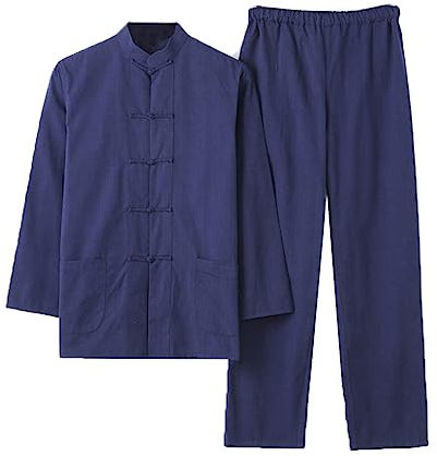 Chinois Traditionnel Manches Longues Tang Costume Kung Fu Uniforme Chemise pour Hommes Kung Fu Veste Pantalon, Coton Pur Tai Chi Uniforme, Hanfu Kung Fu Wing Chun Ch Blue-S