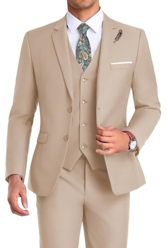 Mrbuerly Prom Suit for Men 3 Pieces, Slim Fit Beige Wedding Party Mens Suits Blazer Vest Pants Tie Groomsmen Tuxedos Notched Lapel-L4236