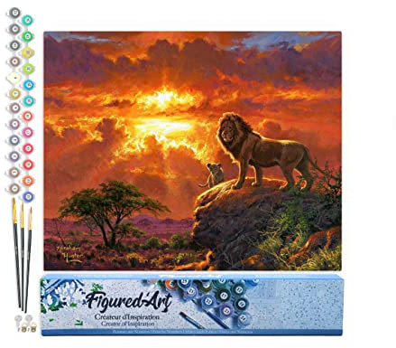 Figured'Art Peinture par Numéro Adulte Lion au coucher de soleil - Activité Manuelle Kit de Loisir Créatif DIY Numéro d'Art Complet - 40x50cm sans châssis en bois