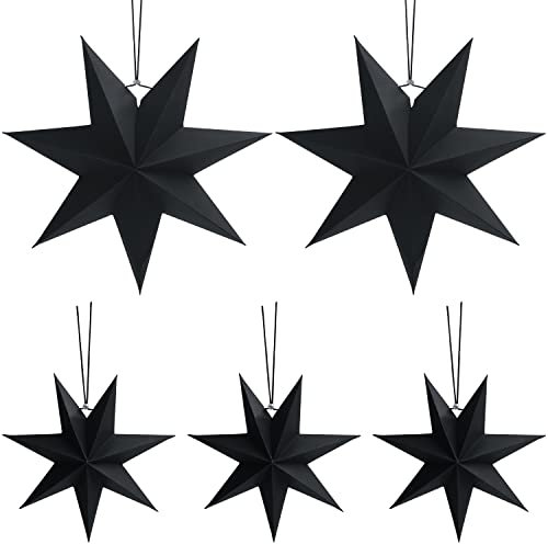 BELLE VOUS 7-Zackiger Schwarzer Stern Faltbarer Deko Weihnachtsstern (5 STK) - 2 Verschiedene Größen - Papier Sterne für Fenster-, Weihnachtsbaum-, Hochzeits- und Geburtstagsfeier Sterne Deko
