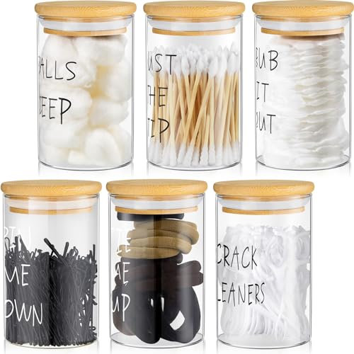 Tessco 6 Pcs Apothecary Jars Glass Jars with Lids for Bathroom Qtip Holder Glass Cotton Ball Holder for Home Bathroom Farmhouse Storage Containers Makeup Organizer Decoration