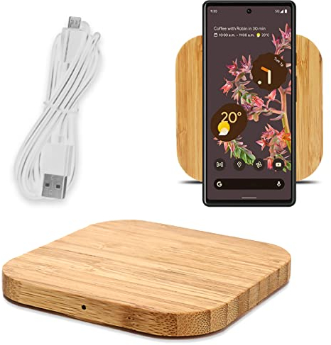 NAUC QI Wireless Ladegerät 15W kompatibel mit Google Pixel 9/9 Pro / 9 Pro XL / 8a / 8/8 Pro / 7a 7/7 Pro / 6/6 Pro/Fold Ladestation Bambus Induktives Laden, Modell:Quadrat
