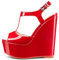 NobleOnly Donna Alto High Zeppa Piattaforma Tacco Aperte sulla Punta Cinturino alla Caviglia T-strap Slingback Fibbia Sandali da Matrimonio Feste 15 CM Heels Scarpe Rosso Verniciata A 35 EU