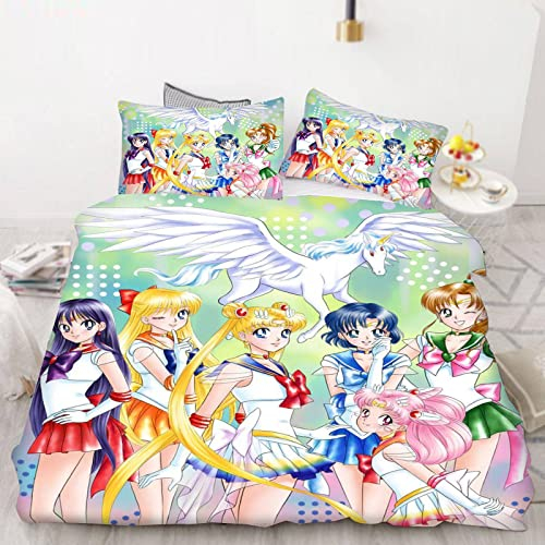 Bfrdollf Sailor Moon Bettwäsche 135x200 Mädchen Japan Anime Bettbezug Set 100% Mikrofaser Weiche Mit Kissenbezügen Reißverschluss Für Kinder (1,Single 135 X 200 cm)