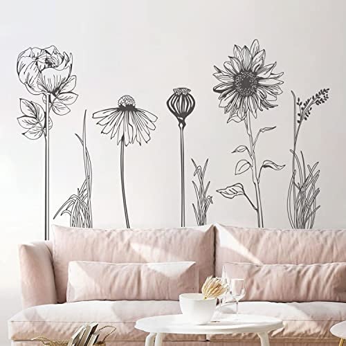 Supzone Wandtattoo Schwarze Blume Wandaufkleber Einfache Minimalistische Sonnenblume Wandsticker für Wohnzimmer Schlafzimmer Sofa TV Hintergrund Wanddeko