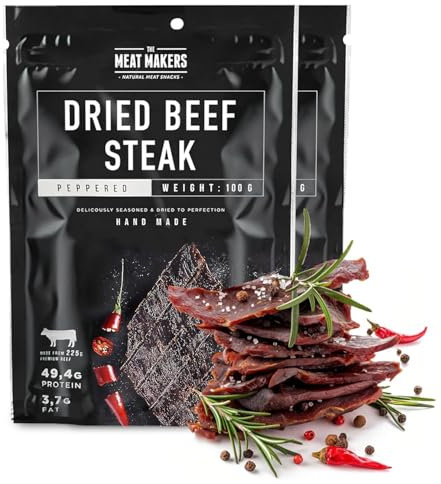 The Meat Makers Peppered Beef Jerky Steak (200g) - Getrocknetes Rindersteak Proteinreiches Rindfleisch Dörrfleisch Trockenfleisch Für Menschen Trocken Fleisch Beef Jerky Snack.