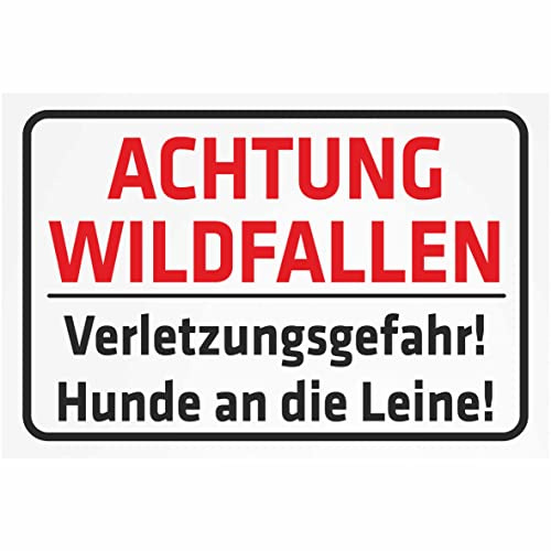INDIGOS UG - Schild Achtung Wildfallen. Verletzungsgefahr. Hunde an die Leine - 200x150 mm - 3mm Aluverbund Schilder für Hotel, Firma, Schutz, Kita, Arzt, Praxis, Wohnung - UV- & wetterbeständig