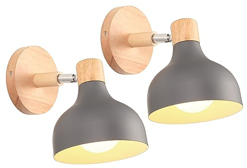 iDEGU 2 Stücke Wandlampen Retro E27 Wandleuchte Moderne aus Holz Metall im Skandinavischen Stil Lampenschirm Tropfenförmig Verstellbare Wandspot Vintage Lampe für Schlafzimmer Wohnzimmer (Grau)