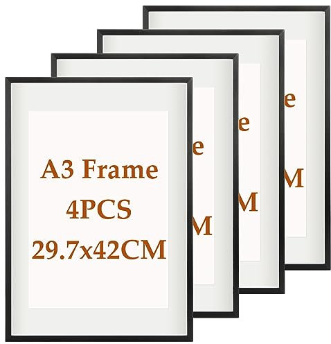WOPPLXY 4 PCS A3 Black Picture Frames - Aluminum Alloy A3 Photo Frame Poster Frames - 42cm x 30cm Black A3 Frame with Mount for Print,Certificate,Poster