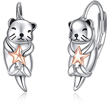 JERWLI Otter Ohrringe Silber 925 Niedliche Seeotter Creolen Ohrring Mädchen Wildtier Schmuck Geschenk für Damen Tierliebhaber Freundschaft Juwelen für die Besten Freunde