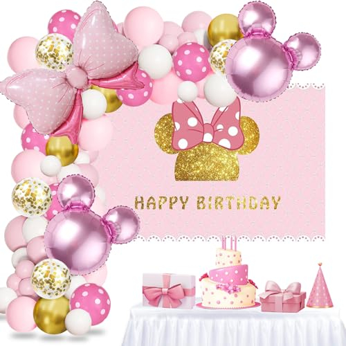 Kit arco di palloncini rosa a tema topo dei cartoni animati - sfondo fotografico topo dei cartoni animati rosa oro decorazione di compleanno per ragazze decorazioni per feste di Natale