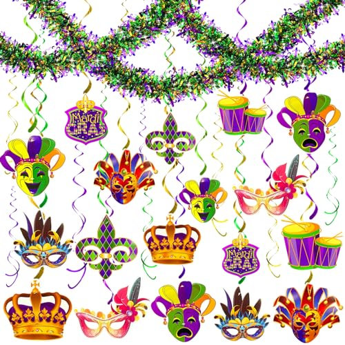 31-teiliges Set mit verschiedenen Mardi Gras Lametta-Girlanden und 30 doppelseitige hängende Wirbel für Karneval, New Orleans, Maskerade, Party-Dekoration, Heim-Partyzubehör