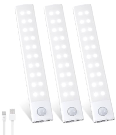 Led Lampe de Placard Dimmable, 20cm Reglette LED Cuisine Detecteur de Mouvement, 40 LED Rechargeable USB-C Sans Fil 3 Couleurs Éclairage Luminaires Intérieur pour Armoire Escalier Couloir (3 Pièce)